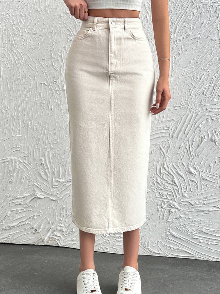 SHEIN Tall High Waist Casual Style Off-White Color Rinse Wash Regular Fit Button Front Denim Skirt Vacation Summer Brunch - Beige - View 1
