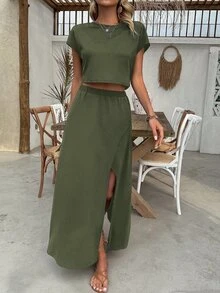 EMERY ROSE Women's Summer Olive Green Casual Vacation Holiday 2 Pieces Set,Solid Color Cropped Top & Wrap-Around Split Hem Skirt,Beach Wear Everyday Streetwear - Green - View 5