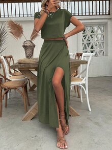EMERY ROSE Women's Summer Olive Green Casual Vacation Holiday 2 Pieces Set,Solid Color Cropped Top & Wrap-Around Split Hem Skirt,Beach Wear Everyday Streetwear - Green - View 6