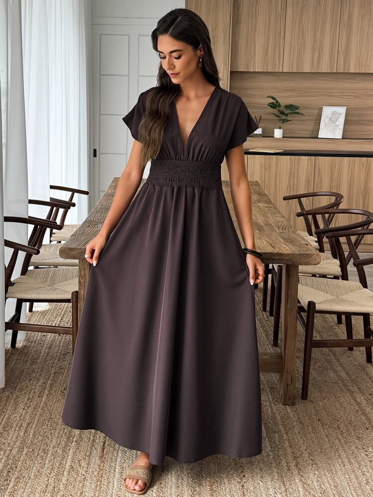 Louniche Women's Vacation Casual Solid V-Neck Dress - Brown - View 5