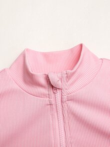 SHEIN 兒童青少年女孩秋冬時尚休閒運動純色粉色長袖立領拉鍊T恤、背心、迷你裙褲三件套，返校瑜伽運動套裝 - 粉色 - 查看 7