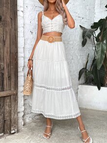 Breezaya Contrast Lace Ruffle Hem Skirt Maxi Vacation Beach Outfits Women - White - View 3