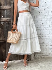 Breezaya Contrast Lace Ruffle Hem Skirt Maxi Vacation Beach Outfits Women - White - View 1