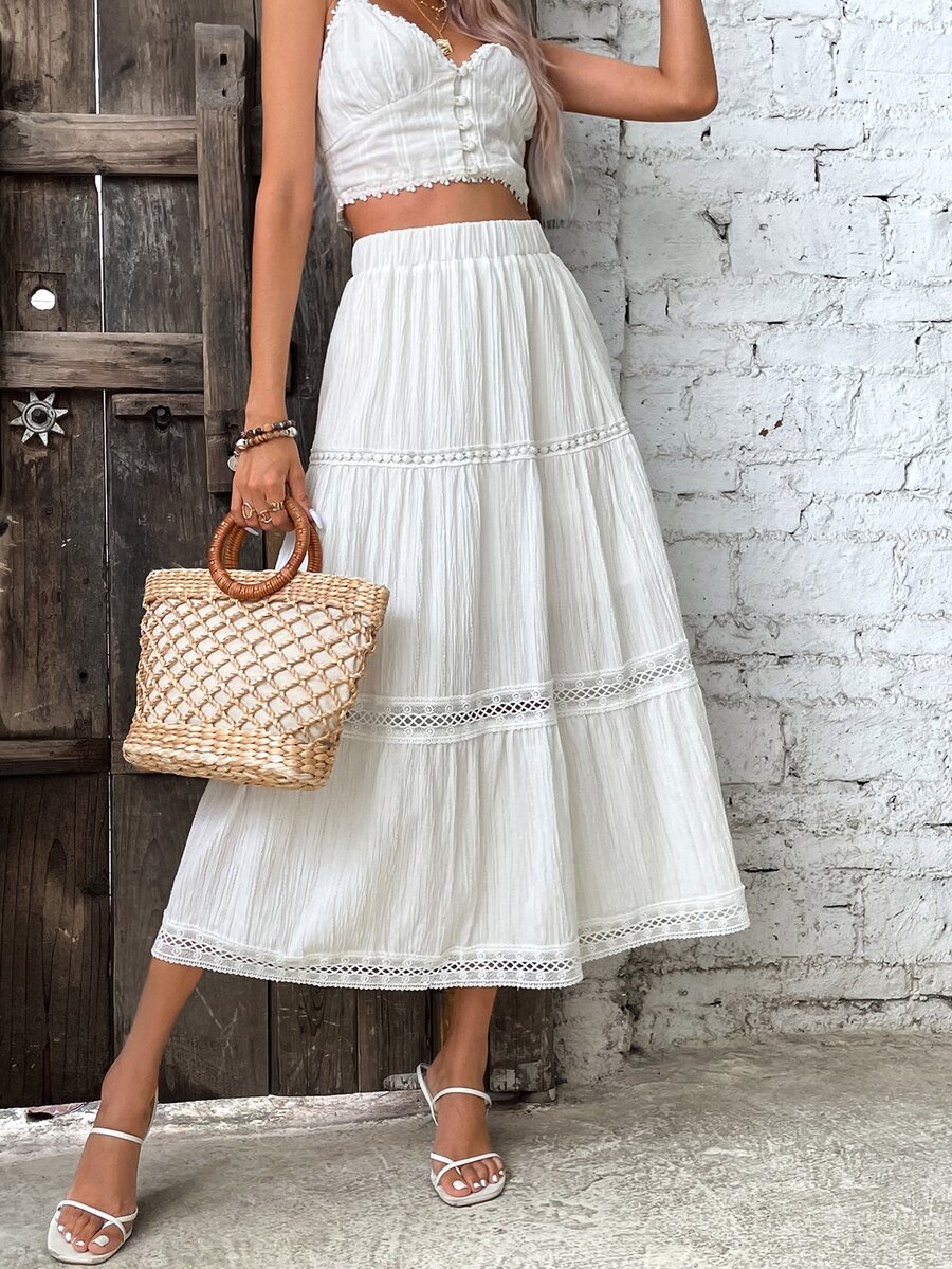Breezaya Contrast Lace Ruffle Hem Skirt Maxi Vacation Beach Outfits Women - White - View 1