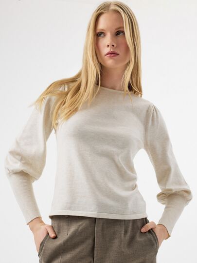 KÆRIA Hus Solid Gigot Sleeve Sweater - White - Beige, Autumn, Minimalist, Elegant, Winter Knitwear, Office Outfit, Workwear, Long Sleeve, Minimalist, Knit