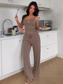ZzzCrew Striped Soft Casual Camisole Loungewear Pajama Set - Mocha Brown - View 3