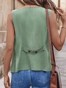 EMERY ROSE Women's Solid Color Casual Pockets Decorated Vest Jacket - Olive Green - View 2