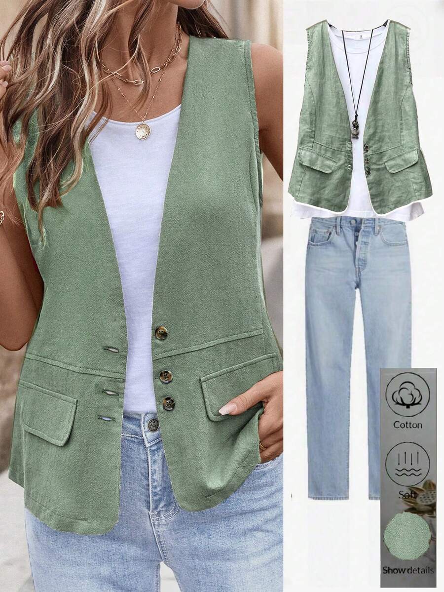 EMERY ROSE Women's Solid Color Casual Pockets Decorated Vest Jacket - Olive Green - View 1