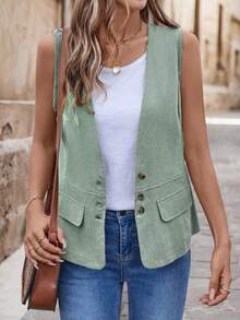 EMERY ROSE Women's Solid Color Casual Pockets Decorated Vest Jacket - Olive Green - View 4