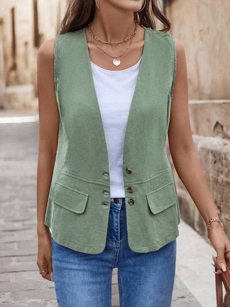 EMERY ROSE Women's Solid Color Casual Pockets Decorated Vest Jacket - Olive Green - View 6