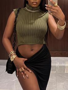 Slaydiva Women Sleeveless Turtleneck Rib Knit Crop Tank Raw Hem Slim Olive Green Knit Vest Y2K Streetwear Spring Fall Layering Going Out Knit Camisole - Army Green - View 3