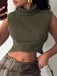 Slaydiva Women Sleeveless Turtleneck Rib Knit Crop Tank Raw Hem Slim Olive Green Knit Vest Y2K Streetwear Spring Fall Layering Going Out Knit Camisole - Army Green - View 7