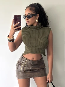 Slaydiva Women Sleeveless Turtleneck Rib Knit Crop Tank Raw Hem Slim Olive Green Knit Vest Y2K Streetwear Spring Fall Layering Going Out Knit Camisole - Army Green - View 4