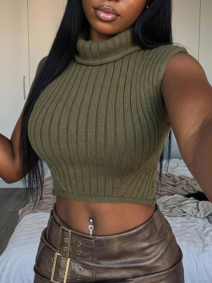 Slaydiva Women Sleeveless Turtleneck Rib Knit Crop Tank Raw Hem Slim Olive Green Knit Vest Y2K Streetwear Spring Fall Layering Going Out Knit Camisole