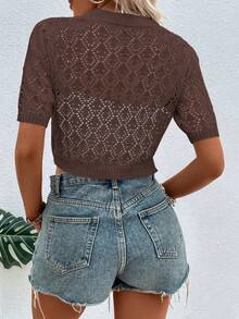EMERY ROSE Women's Hollow Out Single-Breasted Knit Cardigan, Fashionable For Beach Vacation - Brown - View 2