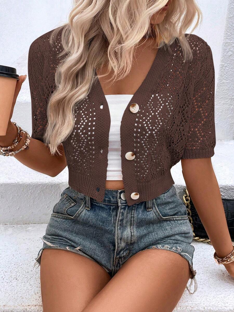 EMERY ROSE Cárdigan de punto con un solo botonadura y calado, de moda para vacaciones en la playa - Marrón - Ver 1