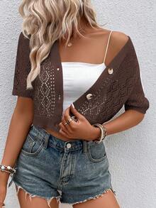 EMERY ROSE Women's Hollow Out Single-Breasted Knit Cardigan, Fashionable For Beach Vacation - Brown - View 7