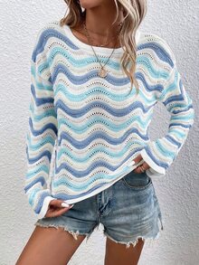 EMERY ROSE Vacation Casual Boho Color Block Wavy Pattern Sweater Vacation Blue And White Stripe Autumn - Multicolor - View 5