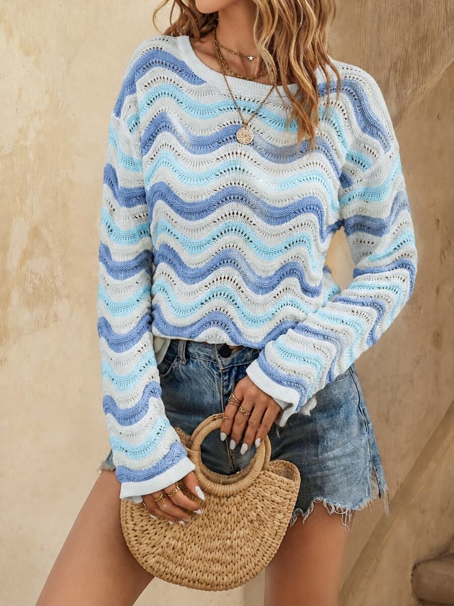 EMERY ROSE Vacation Casual Boho Color Block Wavy Pattern Sweater Vacation Blue And White Stripe Autumn - Multicolor - View 1