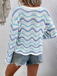 EMERY ROSE Vacation Casual Boho Color Block Wavy Pattern Sweater Vacation Blue And White Stripe Autumn - Multicolor - View 2