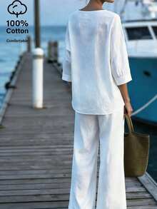 EMERY ROSE Women's Off-Shoulder V-Neck Blouse And Cotton Pants 2 Pieces Set - White - View 2