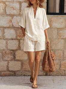 EMERY ROSE Apricot Linen-Like Collared Batwing Sleeve Shirt & Shorts 2 Pieces Set, Casual Vacation Outfit For Women - Apricot - View 1