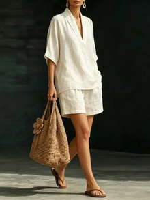 EMERY ROSE Apricot Linen-Like Collared Batwing Sleeve Shirt & Shorts 2 Pieces Set, Casual Vacation Outfit For Women - Apricot - View 4
