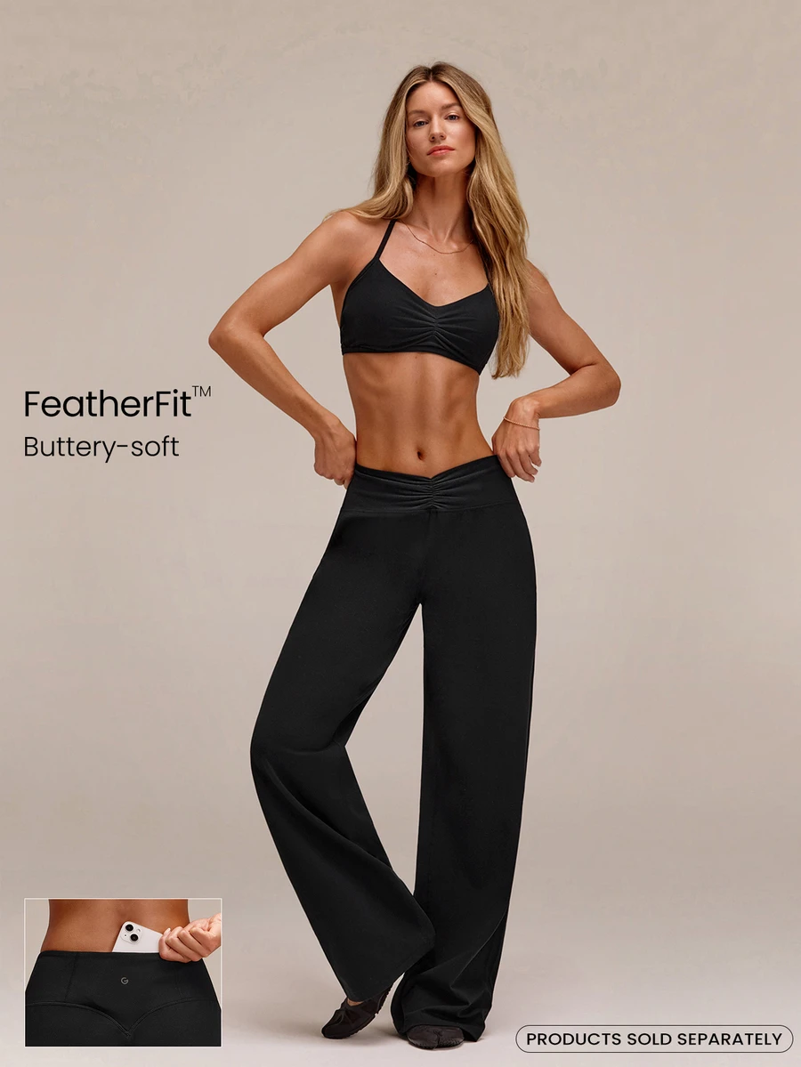 GLOWMODE FeatherFit™ 優雅光澤抓皺腰寬腿褲,附後口袋,低強度瑜伽皮拉提斯工作室日常休閒褲 - 黑色 - 查看 1