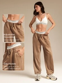 GLOWMODE 28'' Fleece Soft Warm Oversized Fit Adjustable Drawstring Waist Vintage Joggers With Side Pockets Daily Casual Autumn Winter - Brown - View 4