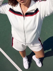 SHEIN BASICS Plus Size Women's Striped Zip-Up Hoodie And Shorts Casual Retro Sport 2 Pieces Set Formal Workout White Autumn Fall Tennis - Apricot - View 4