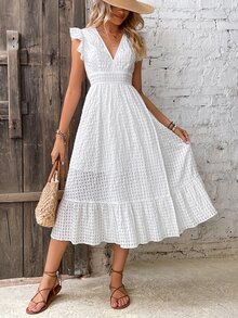 Breezaya Solid Ruffle Trim Wrap Hem Dress Maxi Vacation Beach Outfits Women - White - View 6