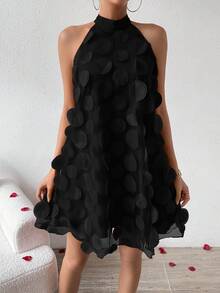 EMERY ROSE Women Summer Elegant V-Neck Sleeveless Dress With 3D Round Patchwork Design For Halter - Black - View 3