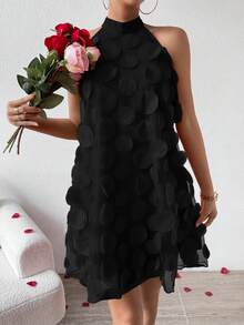 EMERY ROSE Women Summer Elegant V-Neck Sleeveless Dress With 3D Round Patchwork Design For Halter - Black - View 5