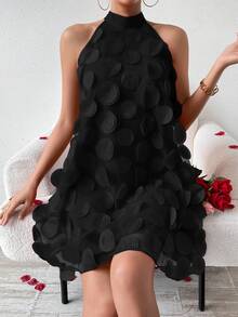 EMERY ROSE Women Summer Elegant V-Neck Sleeveless Dress With 3D Round Patchwork Design For Halter - Black - View 4