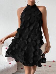 EMERY ROSE Women Summer Elegant V-Neck Sleeveless Dress With 3D Round Patchwork Design For Halter - Black - View 7