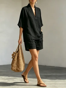 EMERY ROSE Apricot Faux Linen Lapel Batwing Sleeve Shirt And Shorts Casual Vacation Women's Two Pieces Set - Black - View 4