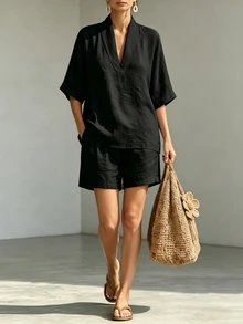 EMERY ROSE Apricot Faux Linen Lapel Batwing Sleeve Shirt And Shorts Casual Vacation Women's Two Pieces Set - Black - View 3