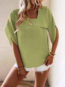 EMERY ROSE Vacation Casual Elegant Solid Color Asymmetric Collar Shirt Office Brunch Olive Green Summer - Green - View 4