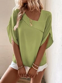 EMERY ROSE Vacation Casual Elegant Solid Color Asymmetric Collar Shirt Office Brunch Olive Green Summer - Green - View 8