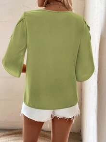 EMERY ROSE Vacation Casual Elegant Solid Color Asymmetric Collar Shirt Office Brunch Olive Green Summer - Green - View 2
