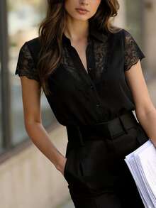 EMERY ROSE Women's Elegant New Lace Patchwork Single-Breasted Blouse With Capped Sleeves - Black - View 5