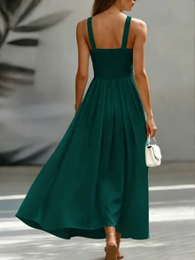 EMERY ROSE Waist-Cinched Slimming Elegant French Commute Vintage Sleeveless Vacation A-Line Full Skirt Midi Dress For Women - Dark Green - View 2