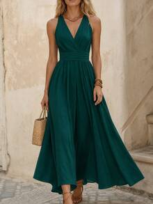 EMERY ROSE Waist-Cinched Slimming Elegant French Commute Vintage Sleeveless Vacation A-Line Full Skirt Midi Dress For Women - Dark Green - View 1