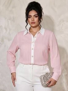 GlowEve CURVE Plus-Size Women's Woven Elegant Holiday Summer Shirt Fall - Pink - View 2