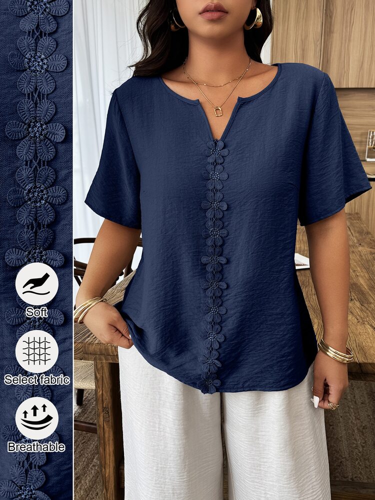Yunfilé Women's Casual Vacation Round Neck Cutout 3D Floral Short Sleeve Loose Blouse, Spring/Summer - Navy Blue - View 3