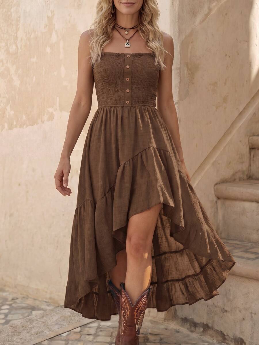 EMERY ROSE Nomadic Bohemian Casual Vacation High-Low Hem Rope Waist Mid-Length Dress For Women - Brown - View 1