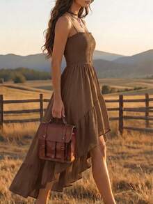 EMERY ROSE Nomadic Bohemian Casual Vacation High-Low Hem Rope Waist Mid-Length Dress For Women - Brown - View 7