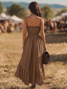 EMERY ROSE Nomadic Bohemian Casual Vacation High-Low Hem Rope Waist Mid-Length Dress For Women - Brown - View 2