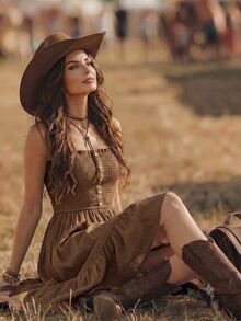 EMERY ROSE Nomadic Bohemian Casual Vacation High-Low Hem Rope Waist Mid-Length Dress For Women - Brown - View 4