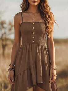 EMERY ROSE Nomadic Bohemian Casual Vacation High-Low Hem Rope Waist Mid-Length Dress For Women - Brown - View 5
